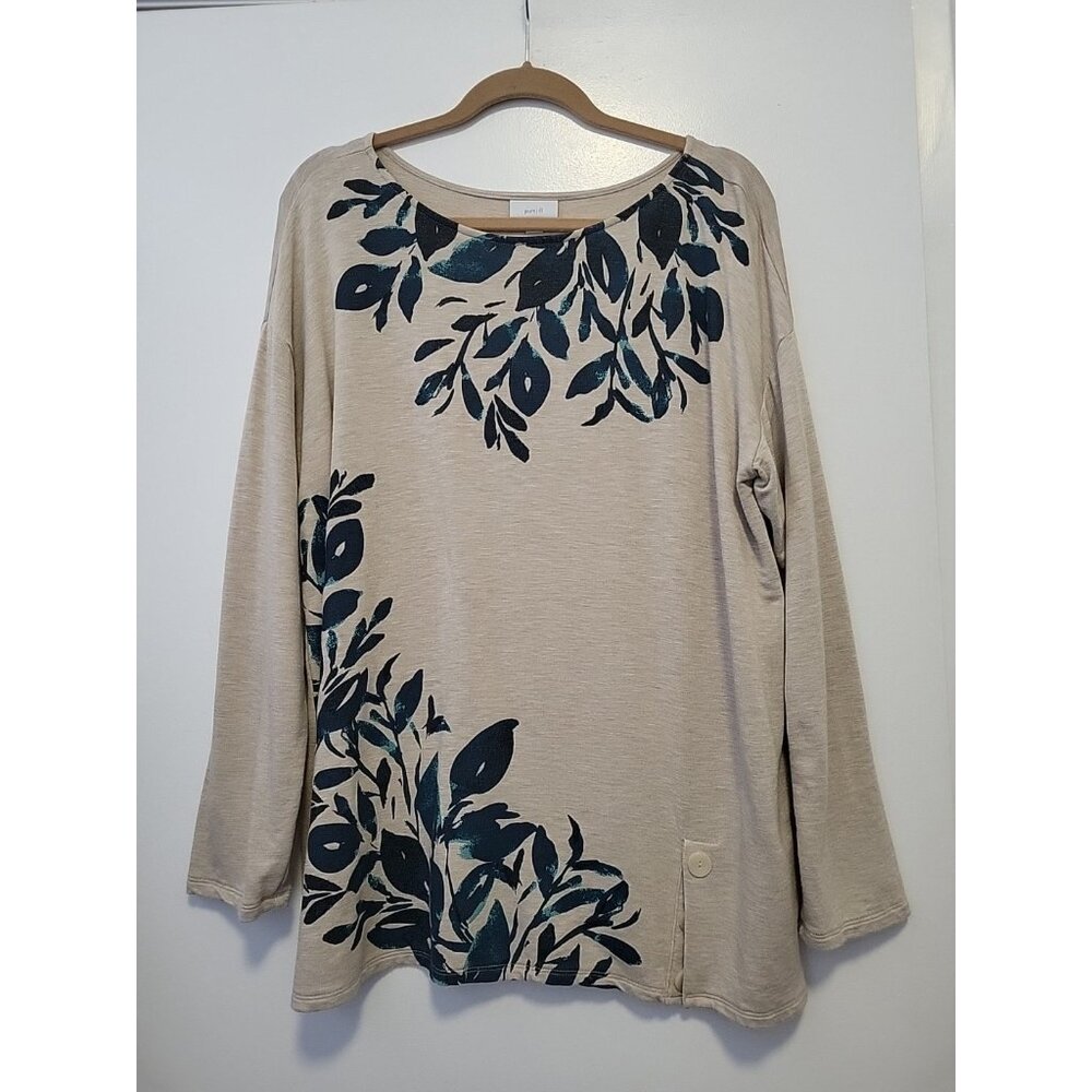 PureJill J Jill Tunic Top‎ Tan Blue Leaf Print Boat Neck Button XL Oversized